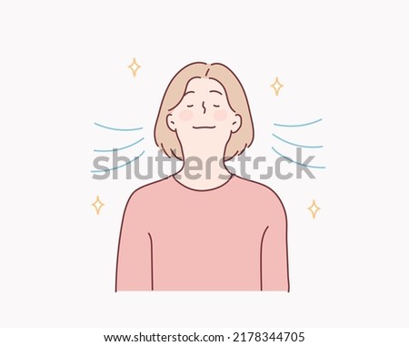 Girl is doing breathing exercise, deep exhale and inhale. Breathing exercise. Hand drawn style vector design illustrations. Royalty-Free Stock Photo #2178344705