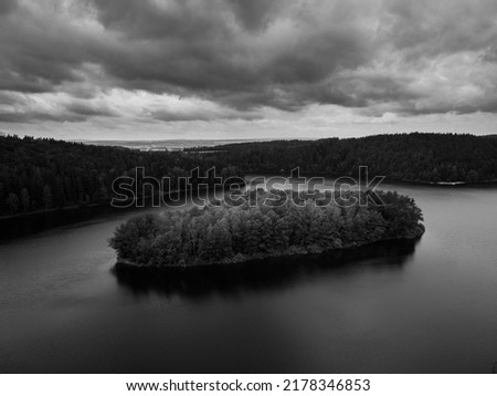 Lonely island covered with dense deciduous forest in a middle of a dam Seč.