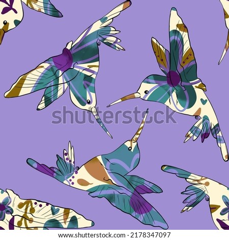Abstract Hand Drawing Colorful Humming Birds with Exotic Flowers Texture Seamless Pattern Isolated Background