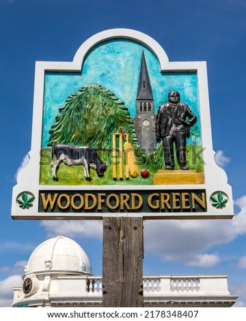 An ornate sign on Woodford Green in the Woodford area of East London, UK.
