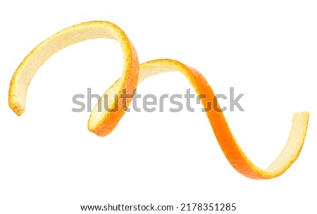 Spiral form of orange peel isolated on a white background, top view. Royalty-Free Stock Photo #2178351285