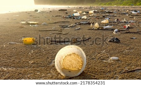Plastic pollution of sea shore. Polluted ocean beaches with plastic waste, garbage with ocean on background. Ecological catastrophe on beach. Plastic bottles, cups, different kinds of debris. Royalty-Free Stock Photo #2178354231