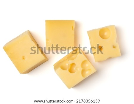 maasdam cheese cubes isolated on white background close up, top view Royalty-Free Stock Photo #2178356139