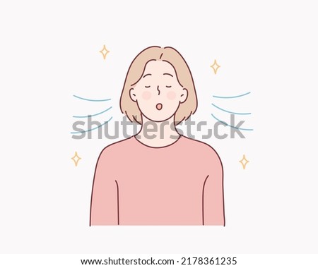 Girl is doing breathing exercise, deep exhale and inhale. Breathing exercise. Hand drawn style vector design illustrations. Royalty-Free Stock Photo #2178361235