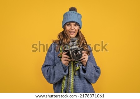 Creating beautiful memories. Female photographer yellow background. Freelance photographer