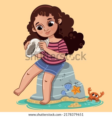 Vector illustration of a girl examining a large seashell in summer theme.