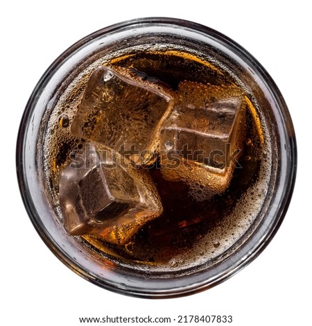 refreshing cola with ice cubes in a glass, top view, isolated on white Royalty-Free Stock Photo #2178407833