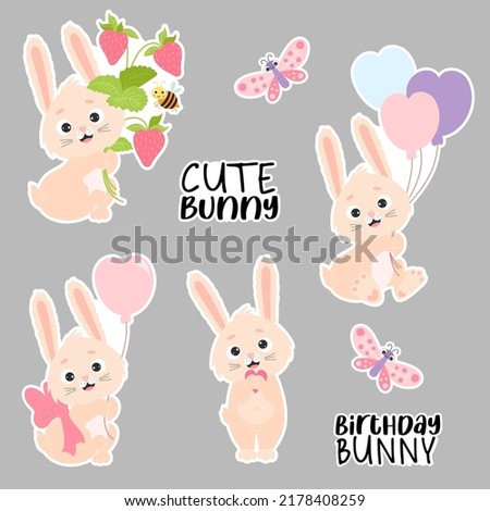 Digital birthday stickers Bunnies. Cute rabbit with strawberries and bee, with balloons, butterfly and heart. Vector illustration. Isolated element. Bundlle of happy birthday for design, decor, print
