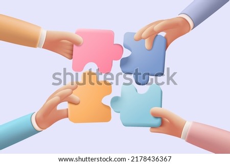 3D jigsaw puzzle pieces symbol of teamwork. Problem-solving, business challenge in 3d hand of connection jigsaw puzzle, partnership success.  3d teamwork puzzle success icon vector render illustration Royalty-Free Stock Photo #2178436367