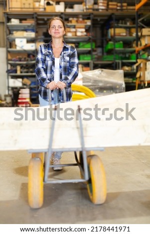 Young woman carrying trolley cart with building materials in hardware store Royalty-Free Stock Photo #2178441971