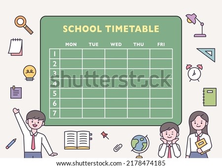 Cute student characters in front of school class time table. school icons. flat design style vector illustration.