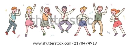 Cute students in school uniforms are jumping happily. flat design style vector illustration.