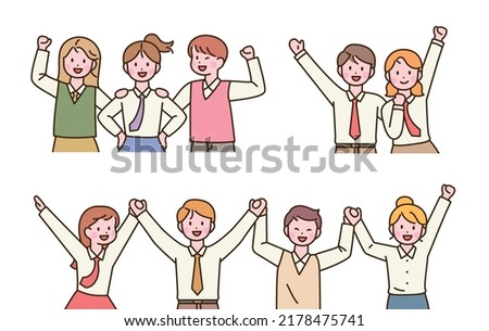 Cute student characters in school uniforms are holding hands and cheering with their friends. flat design style vector illustration.