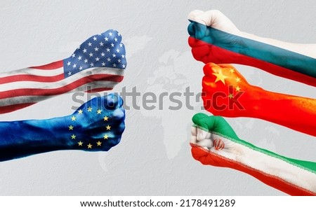 Flags of usa or United States of America, Russia, Iran, EU or European Union and China on hands punch to each others on world map background, Ukraine vs Russia in proxy war concept