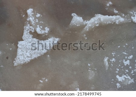 Frozen water in a puddle in winter.