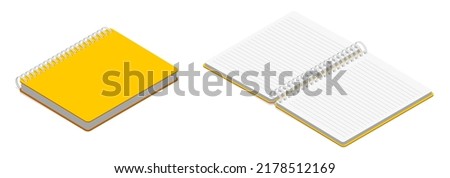 Spiral notebook or notepad in closed and open position. 3D isometric illustration. Flat style. Isolated vector for presentation, infographic, website, apps, printing and other uses. Royalty-Free Stock Photo #2178512169