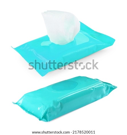 Packs of wet wipes on white background, collage