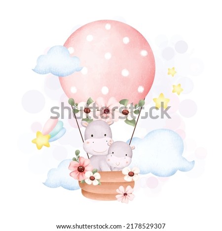 Watercolor Illustration cute hippo in hot air balloon