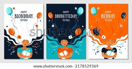 Set of postcards with a woman, gift, balloons and confetti. Holliday, party, vacation, happy birthday, day of blondes, day of brunettes, day of redheads. Vector templates for card, poster, flyer  Royalty-Free Stock Photo #2178529369