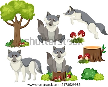 Wild animals set with nature elements illustration