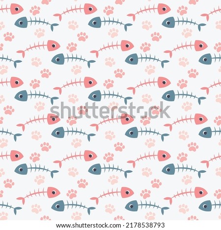 cute seamless pattern with fish bones and paw prints