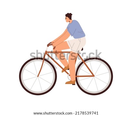 Man riding bicycle. Young cyclist rider. Summer bicyclist driving, cycling. Active person traveling on bike, eco city transport, side view. Flat vector illustration isolated on white background