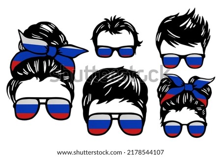 Family clip art set in colors of national flag on white background. Russia