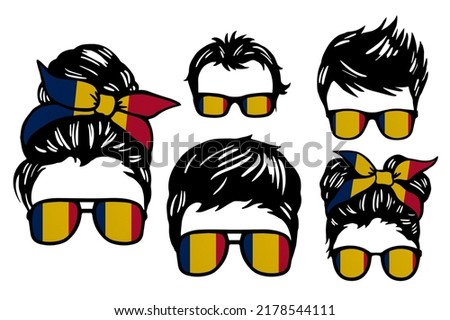 Family clip art set in colors of national flag on white background. Romania