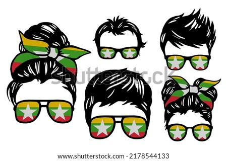 Family clip art set in colors of national flag on white background. Myanmar
