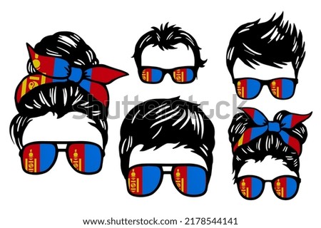 Family clip art set in colors of national flag on white background. Mongolia