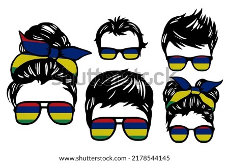 Family clip art set in colors of national flag on white background. Mauritius