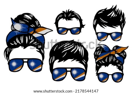 Family clip art set in colors of national flag on white background. Marshall Islands