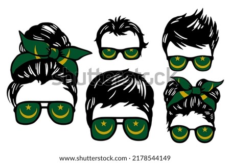 Family clip art set in colors of national flag on white background. Mauritania
