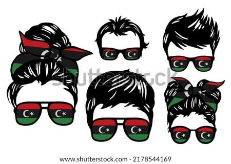 Family clip art set in colors of national flag on white background. Libyan Arab Jamahiriya