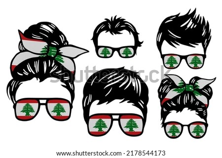 Family clip art set in colors of national flag on white background. Lebanon