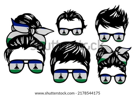 Family clip art set in colors of national flag on white background. Lesotho