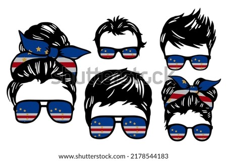 Family clip art set in colors of national flag on white background. Cabo Verde