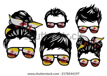 Family clip art set in colors of national flag on white background. Brunei Darussalam