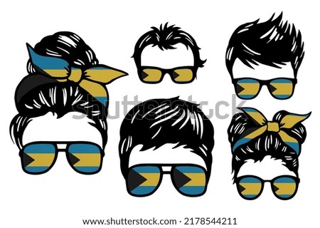 Family clip art set in colors of national flag on white background. Bahamas
