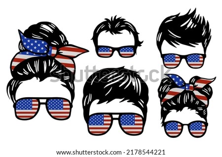 Family clip art set in colors of national flag on white background. USA