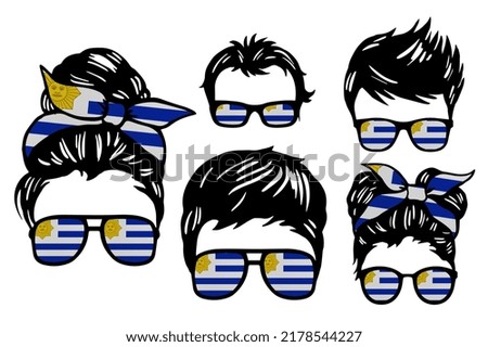 Family clip art set in colors of national flag on white background. Uruguay