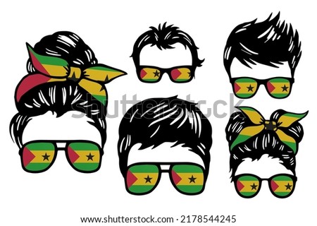Family clip art set in colors of national flag on white background. Sao Tome