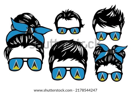 Family clip art set in colors of national flag on white background. Saint Lucia