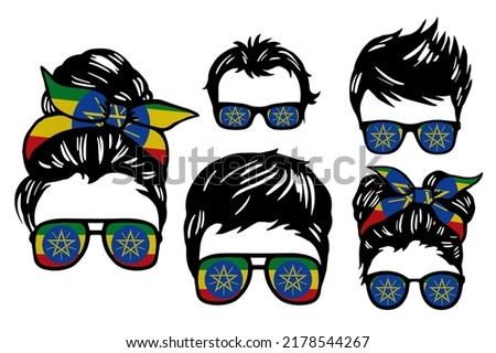 Family clip art set in colors of national flag on white background. Ethiopia