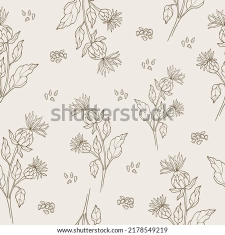 Hand drawn safflower plant seamless pattern Royalty-Free Stock Photo #2178549219