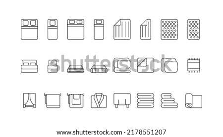 Home textile and bedroom line icon set. Single and double bed, cushion, blanket, pillow, mattress, linen, towel, curtain, tablecloth, carpet, accessories. Interior, house fabric. Vector outline sign