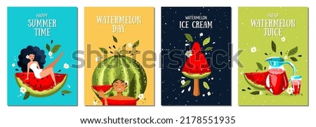 Set of summer postcards with watermelon, watermelon fresh, a woman and watermelon ice cream.Tropical illustration. Summer holliday, party, vacation, travel. Vector templates for card, poster and other Royalty-Free Stock Photo #2178551935