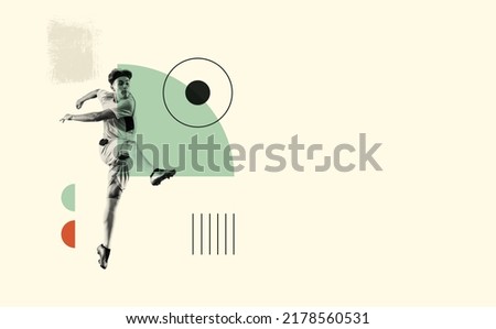 Contemporary art collage. Creative design with young man, professional football player in motion, scoring a goal. Concept of creativity, action, energy, sport, competition and ad. Poster, flyer Royalty-Free Stock Photo #2178560531