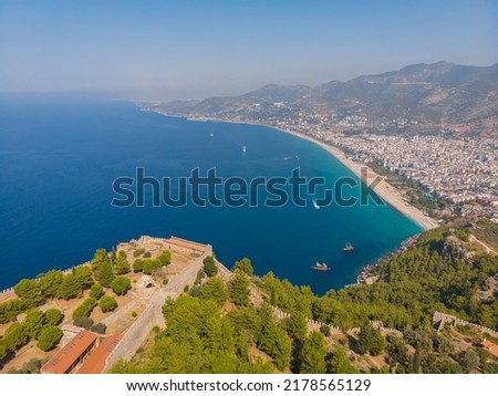 View from above on the Mediterranean coast, Alanya, Turkey. Summer photo taken from a drone