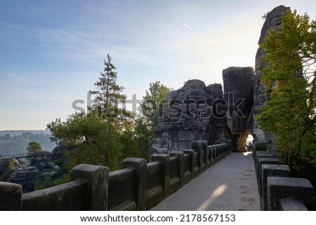 Bastei, Germany - October 2021: Famous rock bridge at sunrise